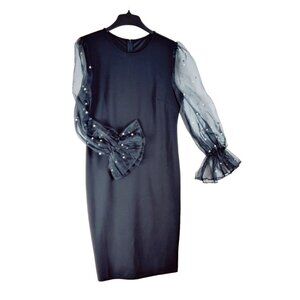 Black Romantic Evening Dress Sheer Puff Sleeves Pearls Shein Romantic Valentine